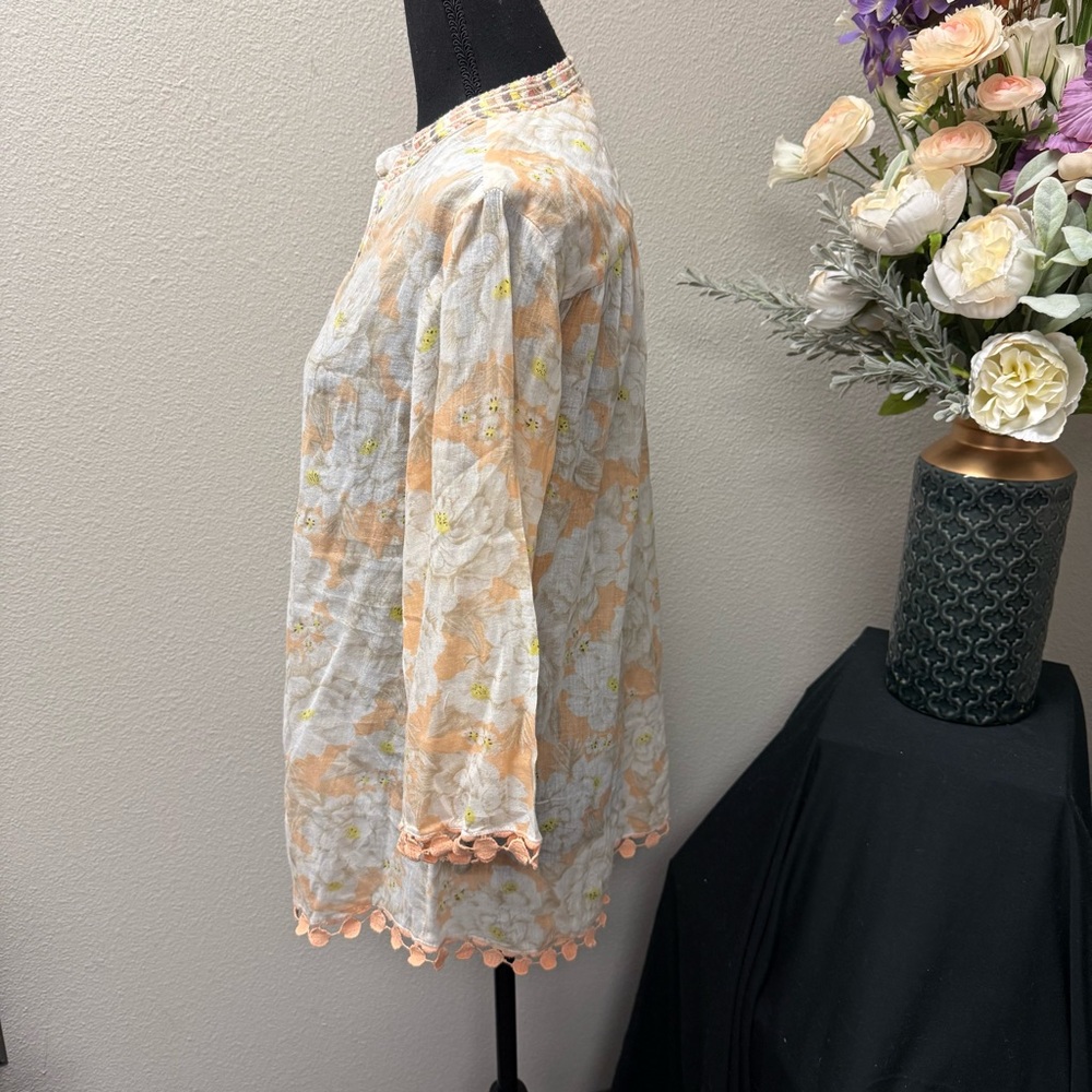 Felicity Jade Peach Floral 100% Cotton Tunic Top Boho Embroidered Trim M - Picture 3 of 9